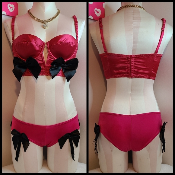 VTG VS Sexy Little Things Silky Satin Bow Bra/ Panty Set Size Sm Pink Black